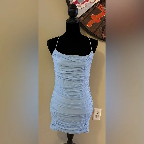 ✨✨Light Blue Ruched Mini Dress - Picture 1 of 5